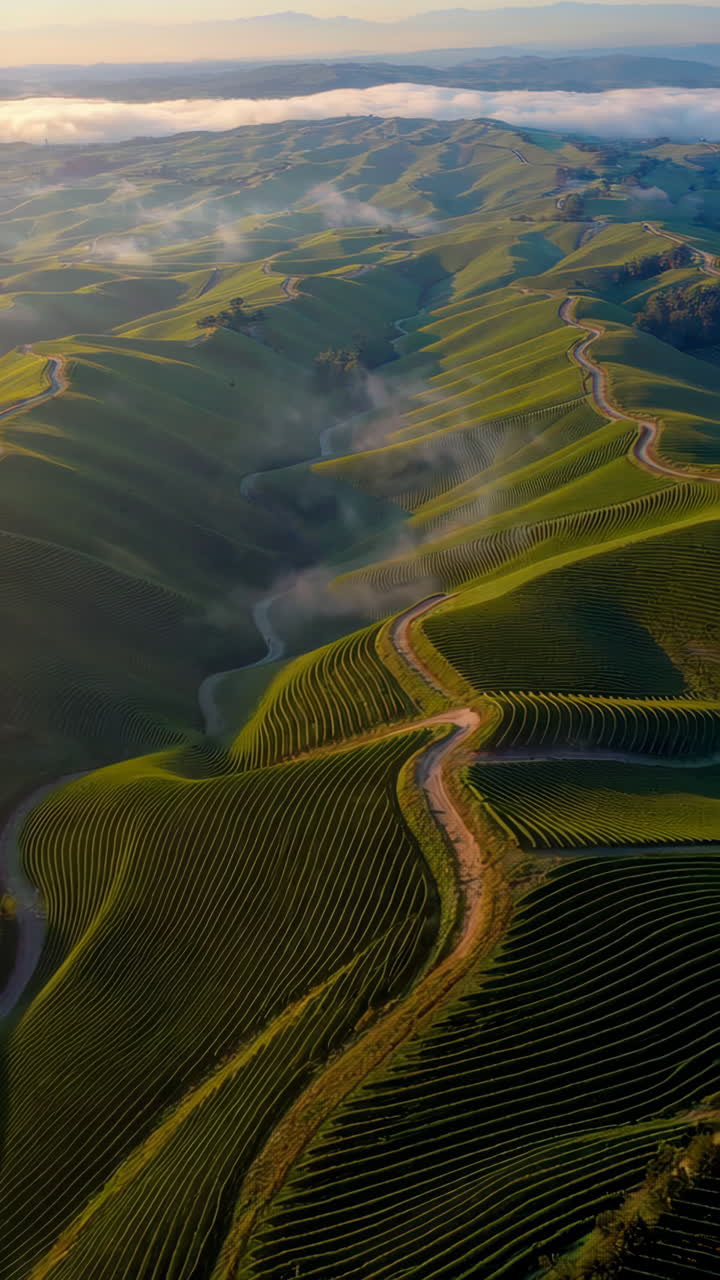 Aerial View of Terraced Hills and Winding Roads