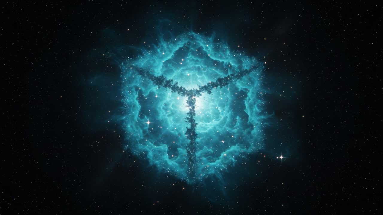 A Stunning Cosmic Nebula Shaped Like a Cube Illuminates the Depths of Space, Enveloping Stars in a Glowing Blue Aura of Mystical Energy and Cosmic Wonder