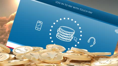 Animation-Von-Gold-Yen-Münzen-über-Dem-Bildschirm-Mit-Touch-Pay--Und-WLAN-Symbol