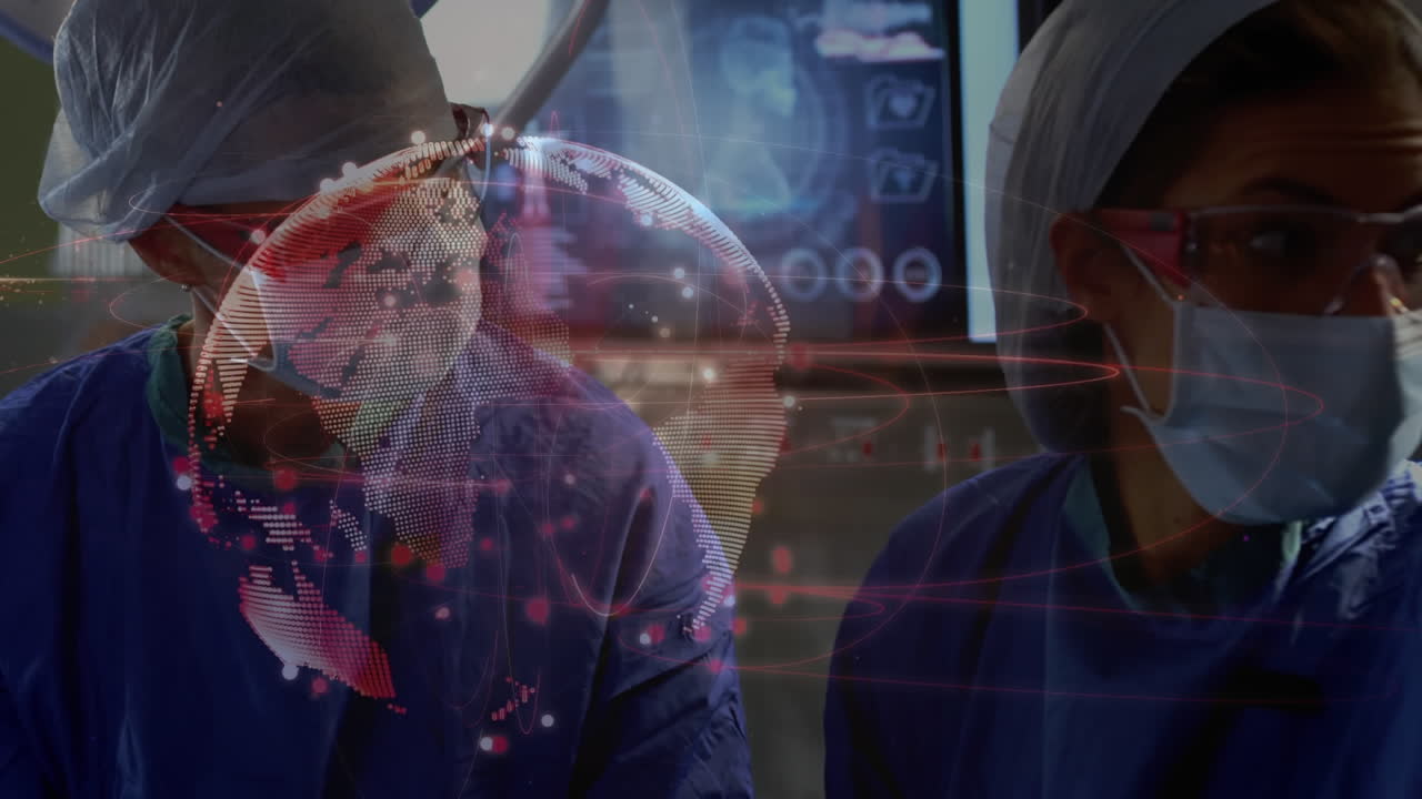 animación de la red de conexiones y globo sobre los cirujanos en el quirófano