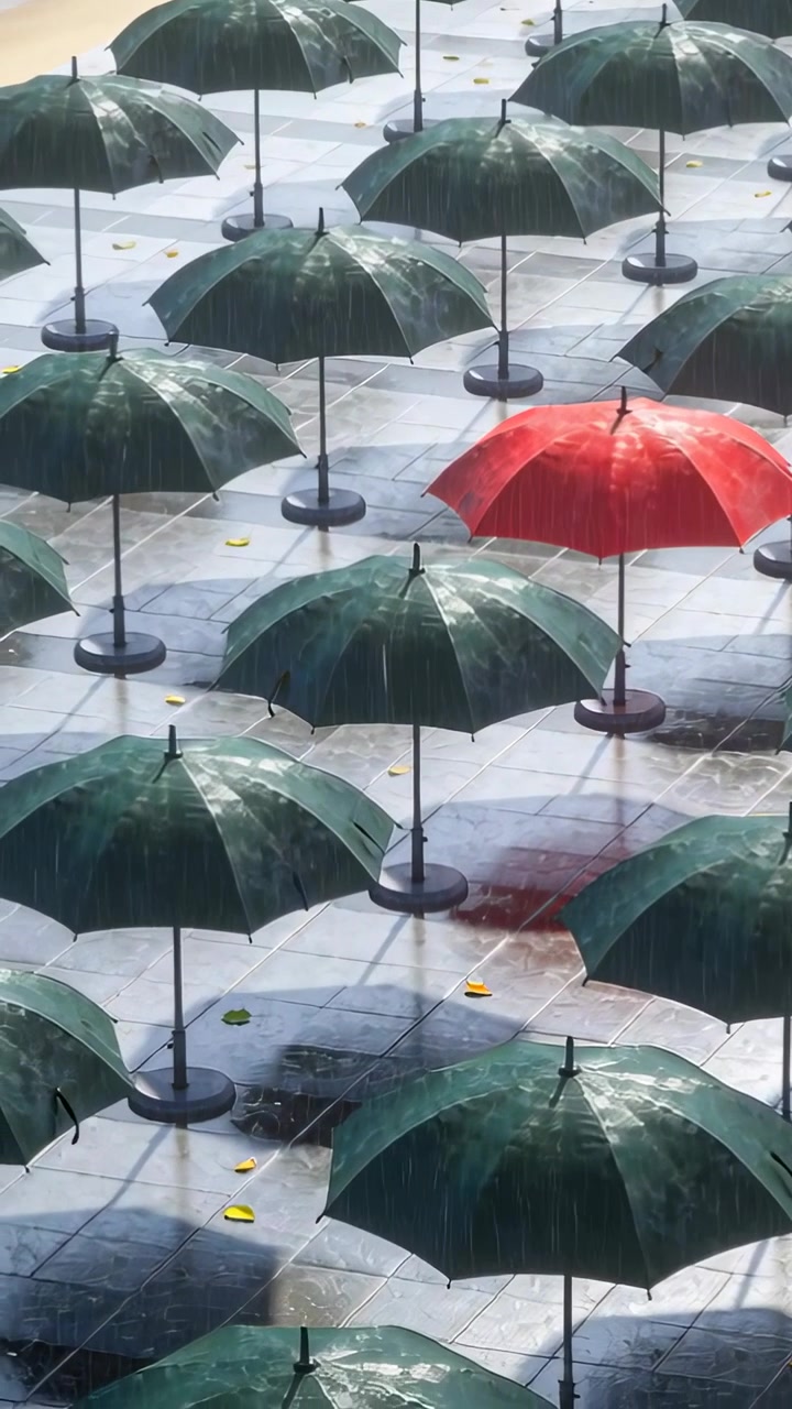 Video verticale: Pioggia che cade e forma goccioline su un ombrello in piazza, gocciolando in pozzanghere vicino a una tettoia rossa.