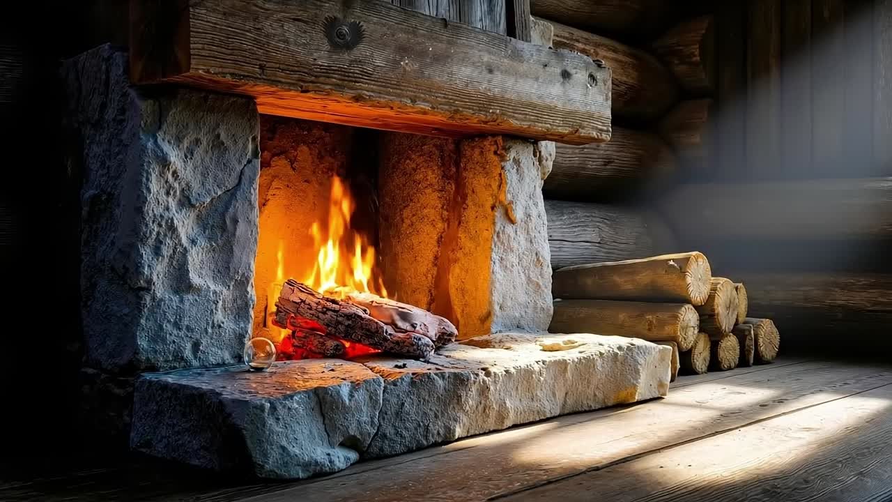 A fire burns in a stone fireplace in a log cabin