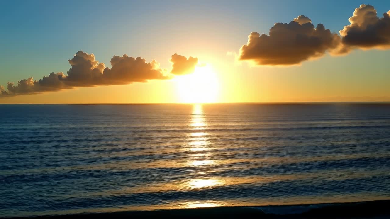 Bright sunrise over calm ocean waters. A stunning sunrise illuminates the ocean, creating reflections on the water's surface as clouds linger above.