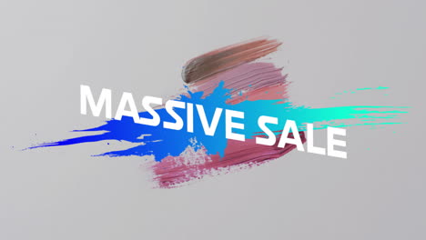 animation of massive sale text in white over colourful brushstrokes on grey