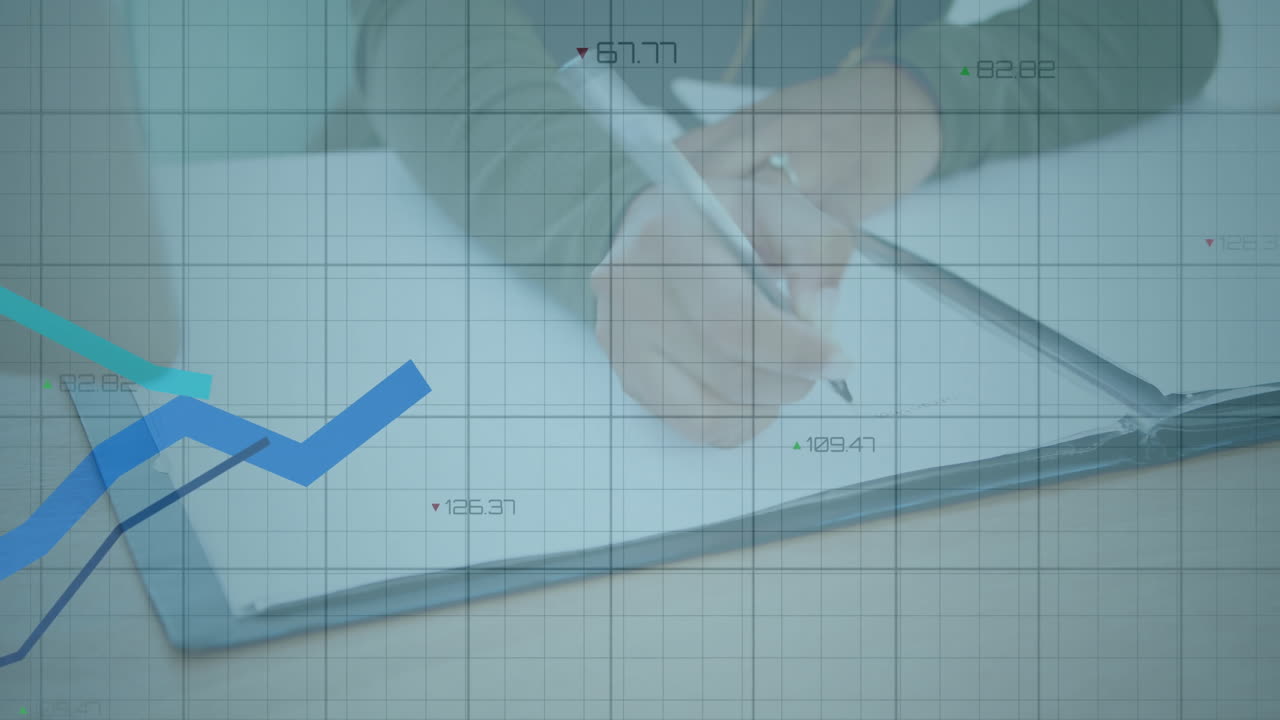woman writing notes on wooden desk, displaying animated teal-blue line graphs for finance briefing