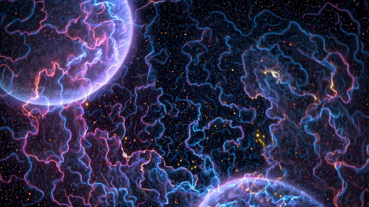 Abstract cosmic video art with a top-down angle, featuring vibrant, swirling neon patterns