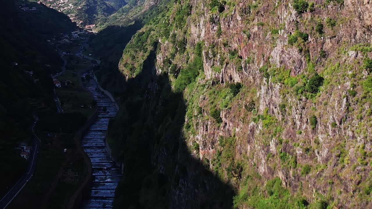 Stunning aerial view of Madeira's lush cliffs and flowing river