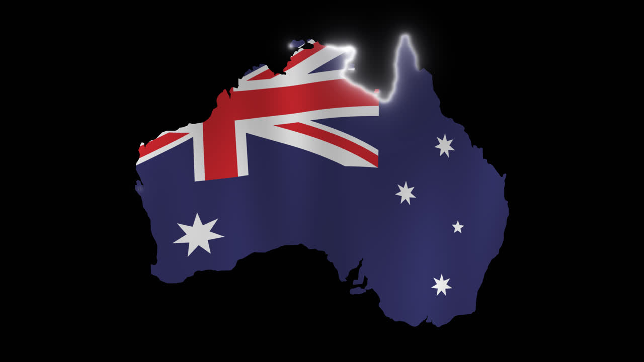 Australienkarte mit wehender Flagge und leuchtender Umriss-Animation.
