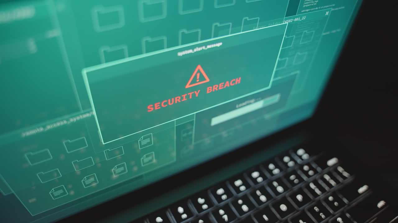 Hænder taster på en bærbar computer, da en sikkerhedsadvarsel dukker op på skærmen fra systemet. En hemmelig klassificeret server med følsomme private oplysninger cyberangribes af en hacker eller spion. Firewall-detektionsadvarsel
