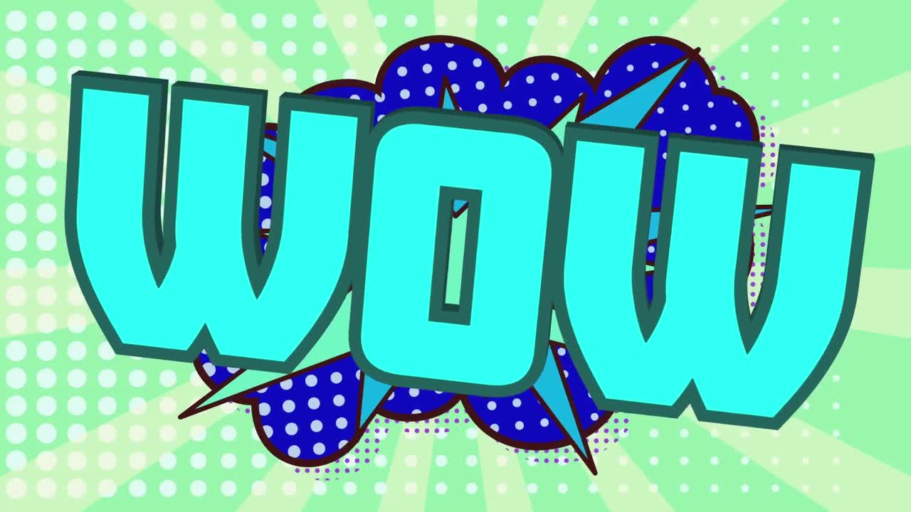 초록색 배경에 있는 점 줄 패턴에 대한 레트로 스피치 버블 위의 와우 텍스트의 애니메이션