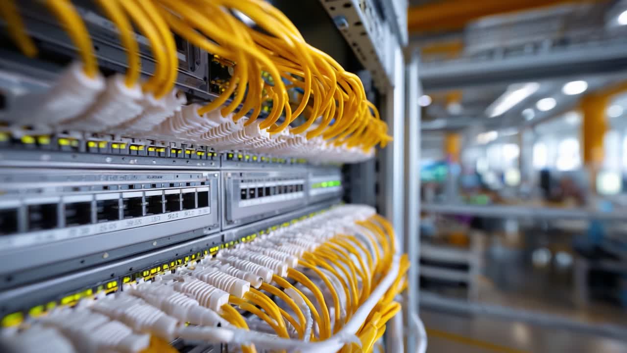 Detailed Close-Up of High-Speed Network Cables and Connectivity in a Modern Data Center Environment with Organized Cabinetry and Infrastructure