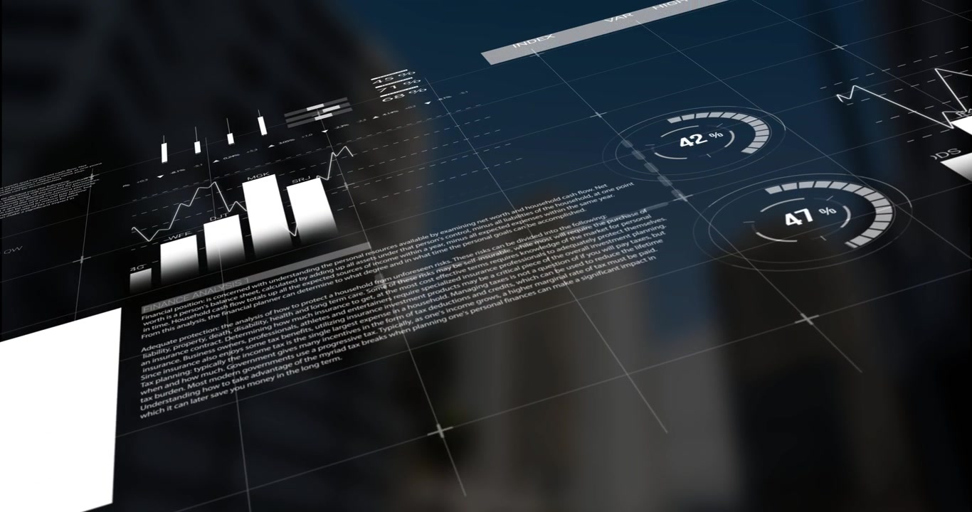 Futuristic holographic data dashboard projecting white pie charts and bar graphs over dark backdrop