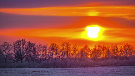 el cielo ardiente del amanecer sobre los campos agrícolas de invierno, el lapso de tiempo