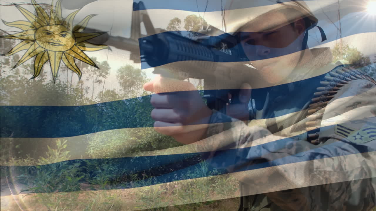 animación de la bandera de uruguay sobre un soldado caucásico con un arma
