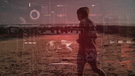 animación de escaneo de alcance y procesamiento de datos sobre hombre en condiciones de correr por la orilla del mar