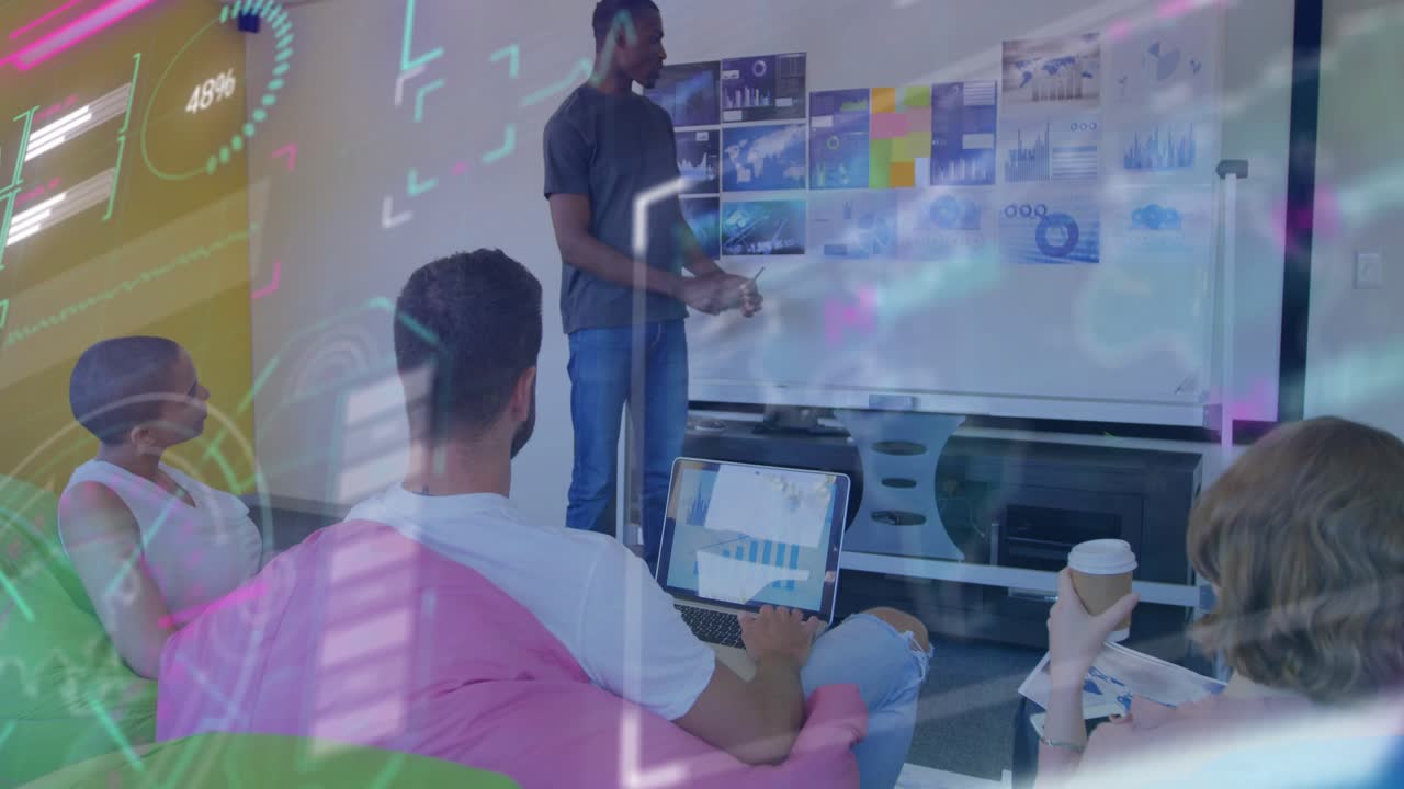 Male presenter tapping whiteboard chart and animating data highlights for business insights