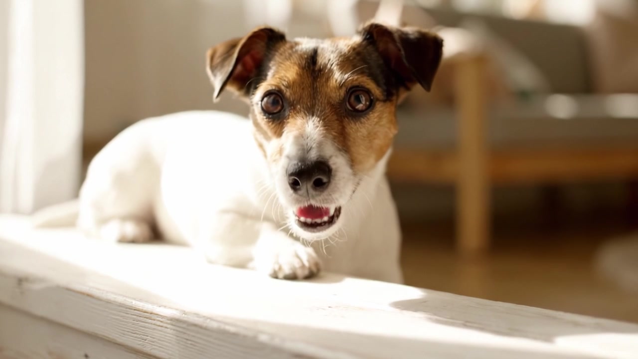 Ein verspielter Jack Russell Terrier mit einem herzerwärmenden Lächeln genießt einen sonnigen Tag in Innenräumen und zeigt die Freude und Loyalität von Hunden in einer gemütlichen Umgebung.