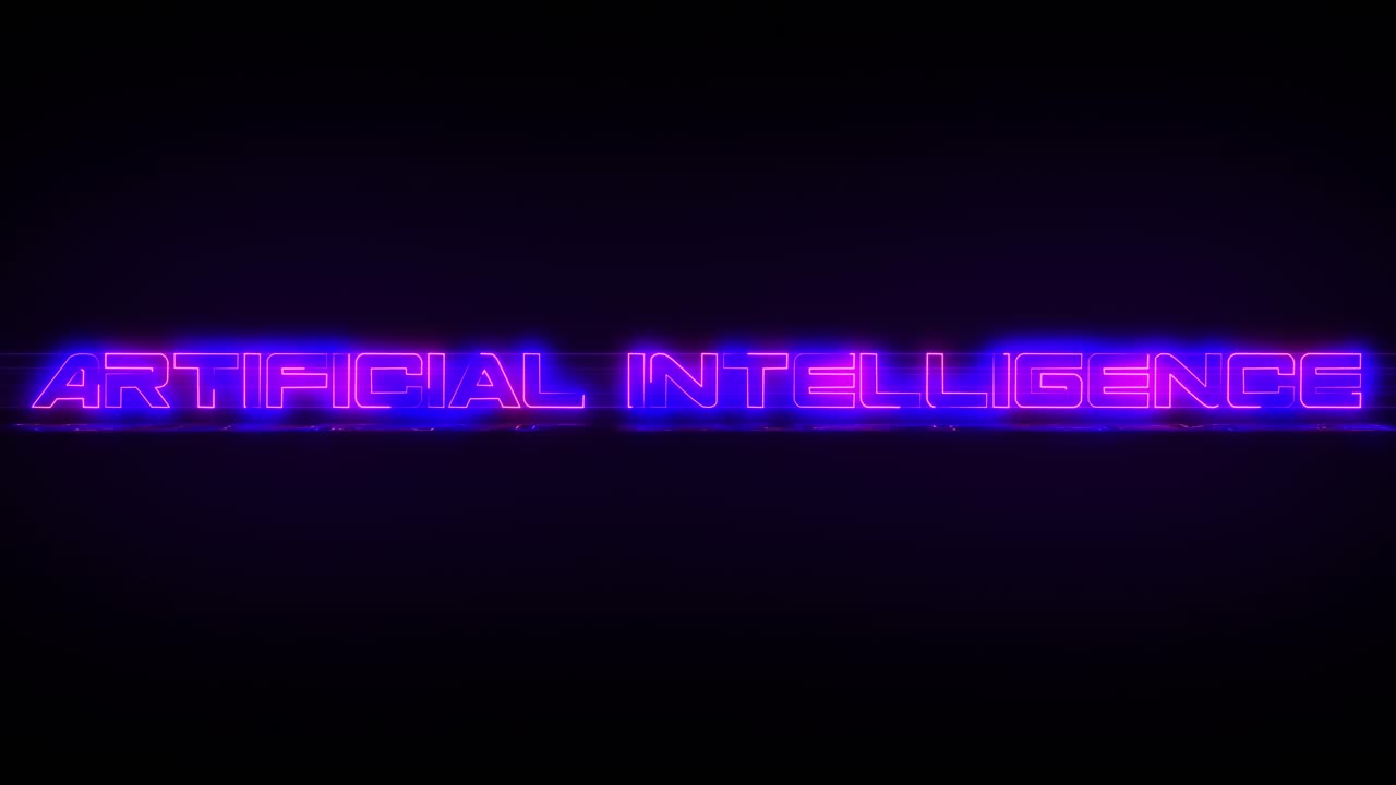 Flashing ARTIFICIAL INTELLIGENCE text electric blue and pink neon sign flashing on and off with flicker, reflection, and anamorphic lights in 4k