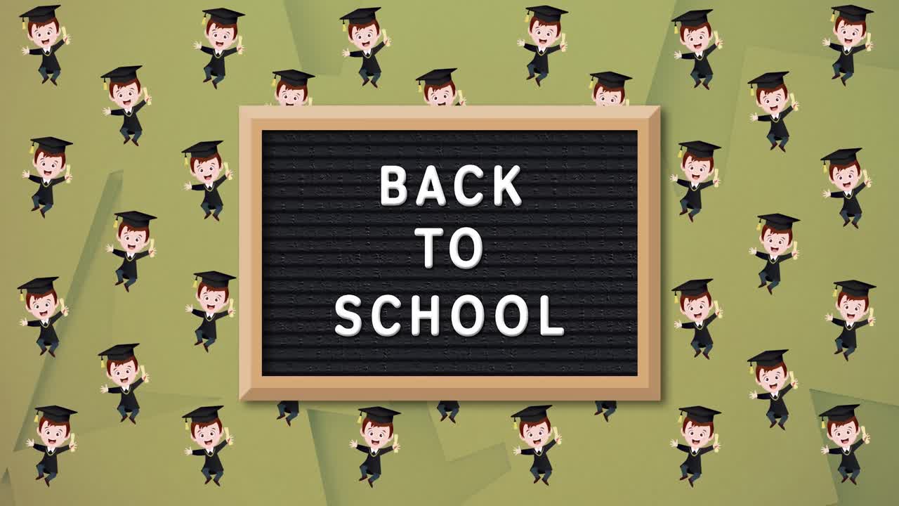 학교 아이콘 위에 학교로 돌아가는 텍스트의 애니메이션