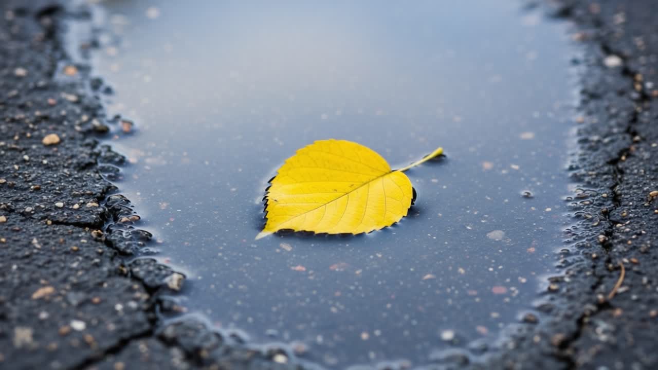 A Vibrant Yellow Leaf Floating Gracefully in a Puddle on a Textured Black Surface Captures the Essence of Autumn's Beauty and Nature's Serenity