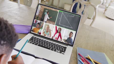 African-american-boy-using-laptop-for-online-lesson-with-diverse-school-children-and-teacher