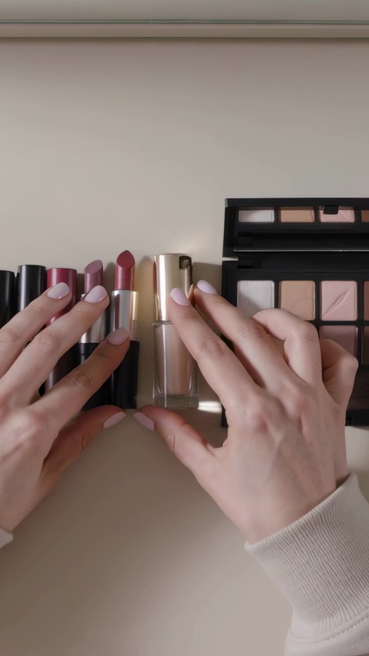 Vertical video: Hand entering left, arranging makeup into neat row on beige top, wearing cream top