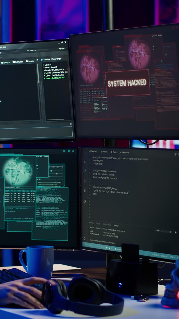 Vertikal video. Frustreret hacker i hemmeligt skjulested er modløs efter mislykket hacking