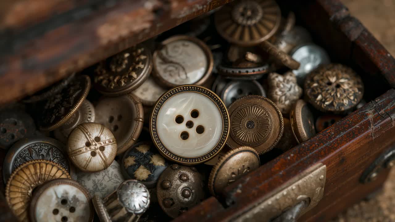 Spostamento della camera verso i bottoni vintage nel baule di legno, messa a fuoco sul bottone a quattro fori in madreperla