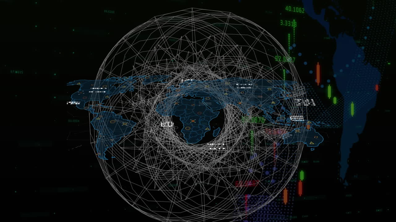 Animation of graphs an data processing over 3d scope and world map on black background