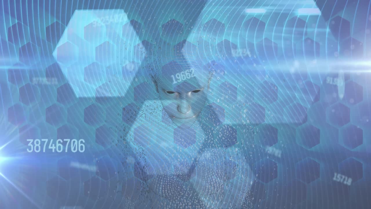 파란색 배경의 육각형 모양에 대한 인체 모델 위에 변하는 숫자의 애니메이션