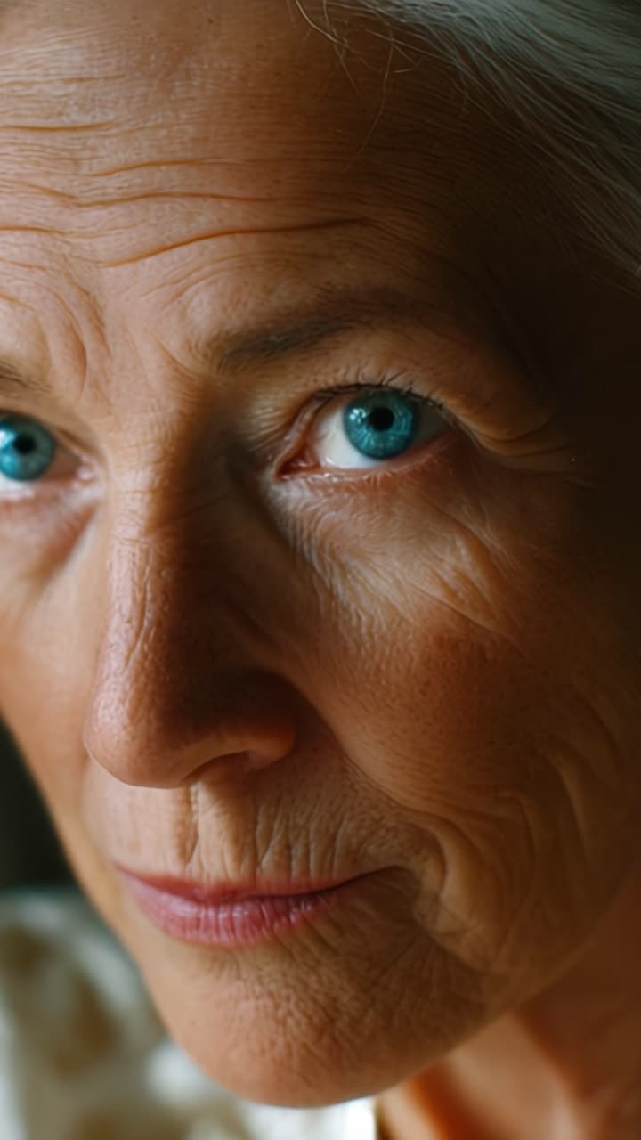 Close-Up Portrait of Thoughtful Elderly Woman with Striking Blue Eyes and Unique Facial Features, Captured in Two Distinct Frames of a Reflective Moment