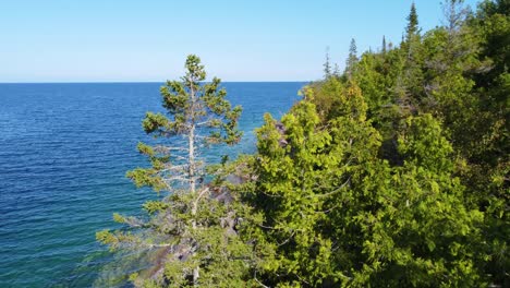 flying through forest and rocky shore with crystal clear water in georgian bay, ontario, canada