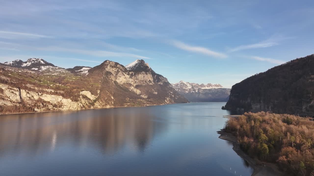 Walensee, Switzerland aerial, breathtaking view of crystal-clear lake, majestic mountains and tranquil surroundings.