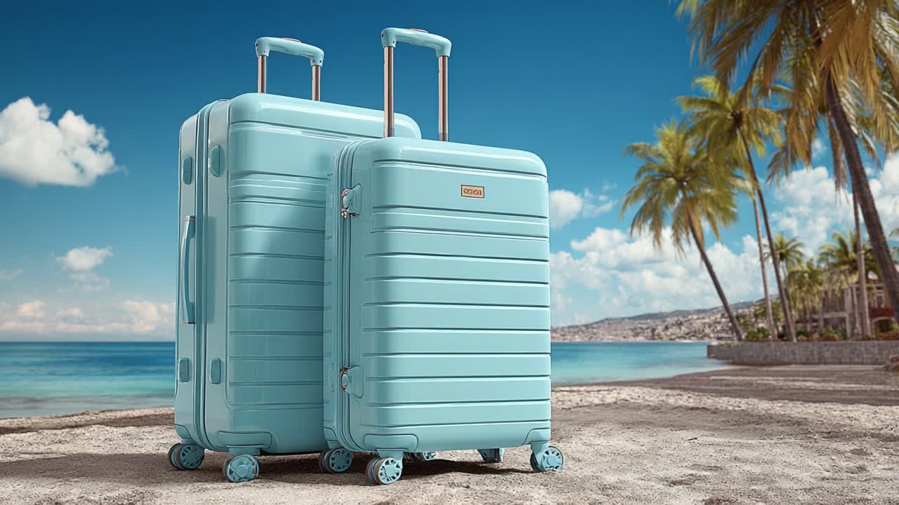 Elegante set di valigie su una spiaggia tropicale: questo splendido duo di valigie blu risalta sullo sfondo sereno di palme e tranquille onde dell'oceano, perfetto per qualsiasi viaggiatore