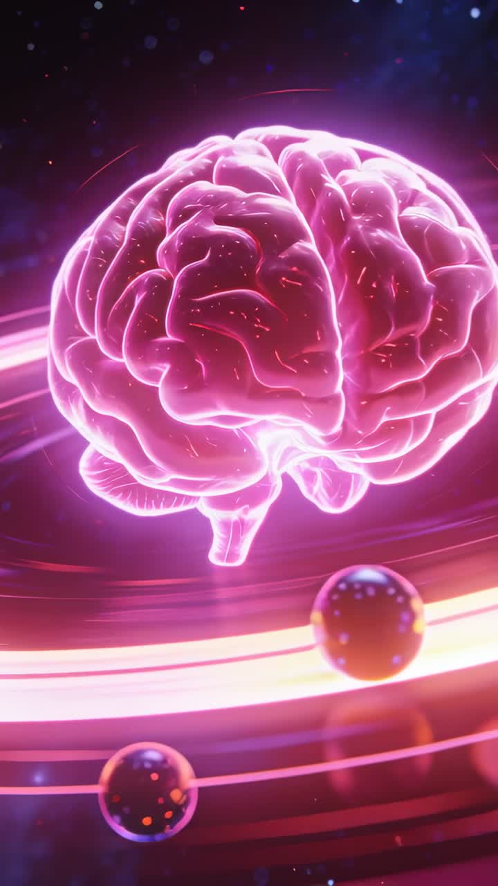 Vertical video: Starting left tilt, neon brain rotating in space with rings and orbs showing signal