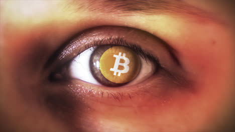 la criptomoneda bitcoin en el logotipo del globo ocular revela prores 4k | btc acuñar moneda digital cripto animación ojo hacer resumen símbolo ficha introducción