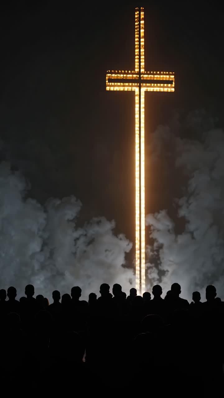 Silhouetted crowd facing a glowing cross with smoke, captured from a low angle, creating a dramatic