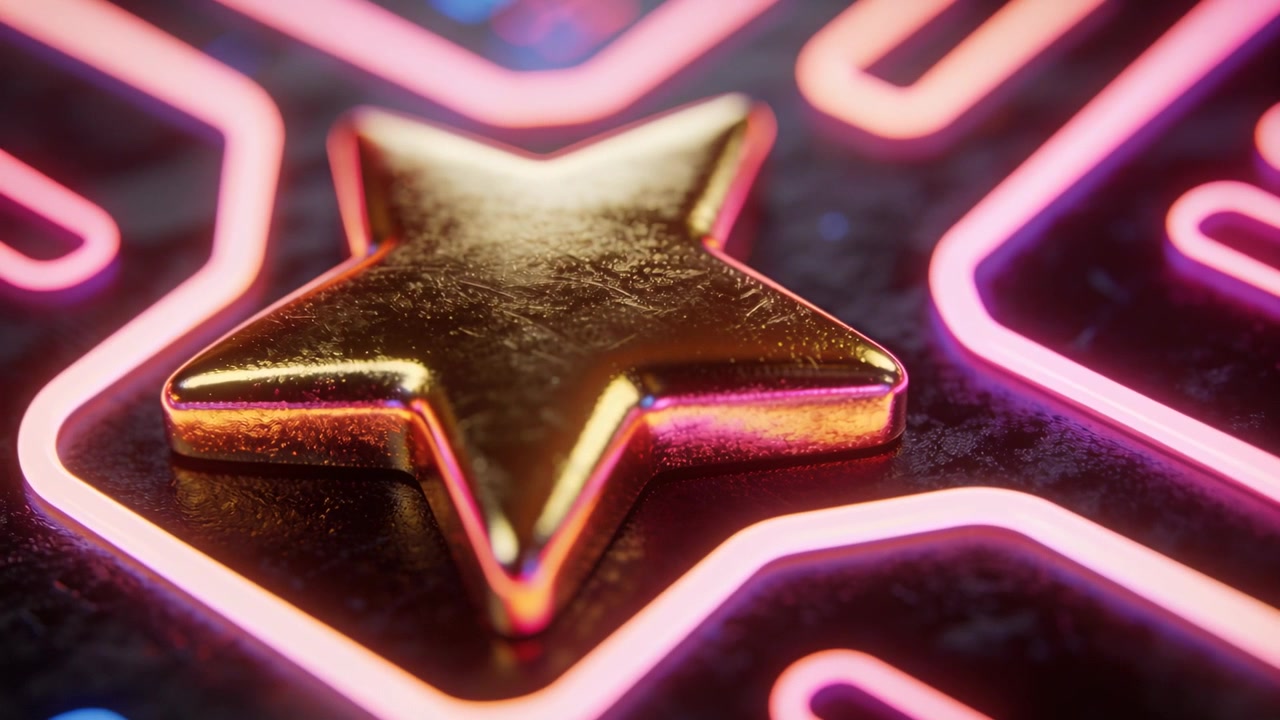 Telecamera che si sposta e luci al neon pulsanti che rivelano una stella d'oro a cinque punte su un pannello scuro che indica il traguardo.