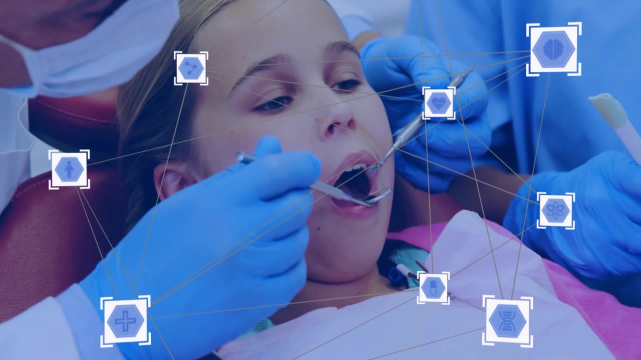 Animação de exame dentário sobre paciente jovem com ícones médicos e linhas de rede.