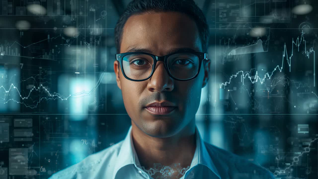 Data updating leading trader wearing glasses shirt analyzing markets in office, bar charts rising