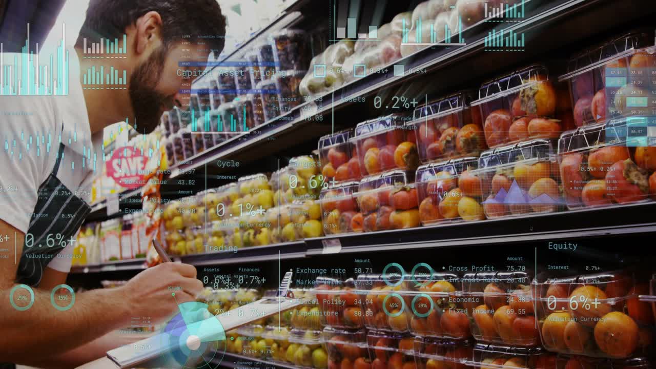Male retail clerk per checklist checking packaged fruit and noting while passive chart overlays