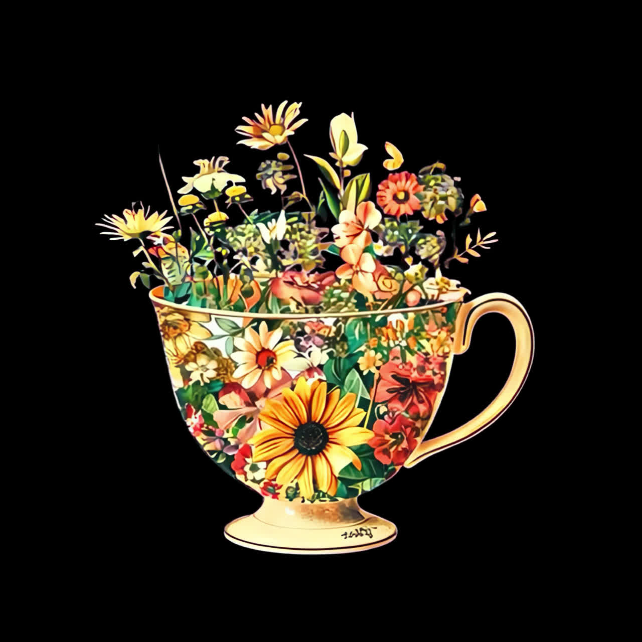 Floral teacup butterflies illustration animation isolated asset, transparent 4K video, alpha