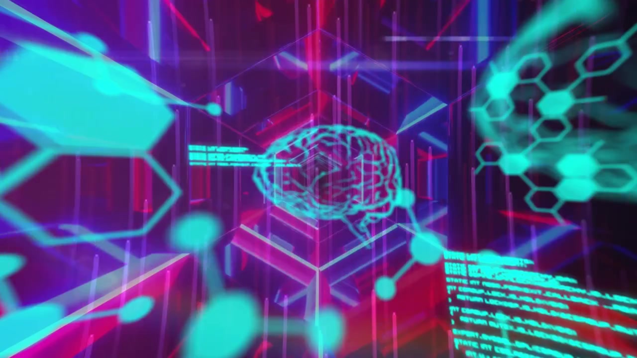 Animation of data processing and chemical formulas over tunnel made of neon lights