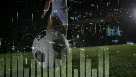analyzing financial data charts overlaying scene, soccer player on field