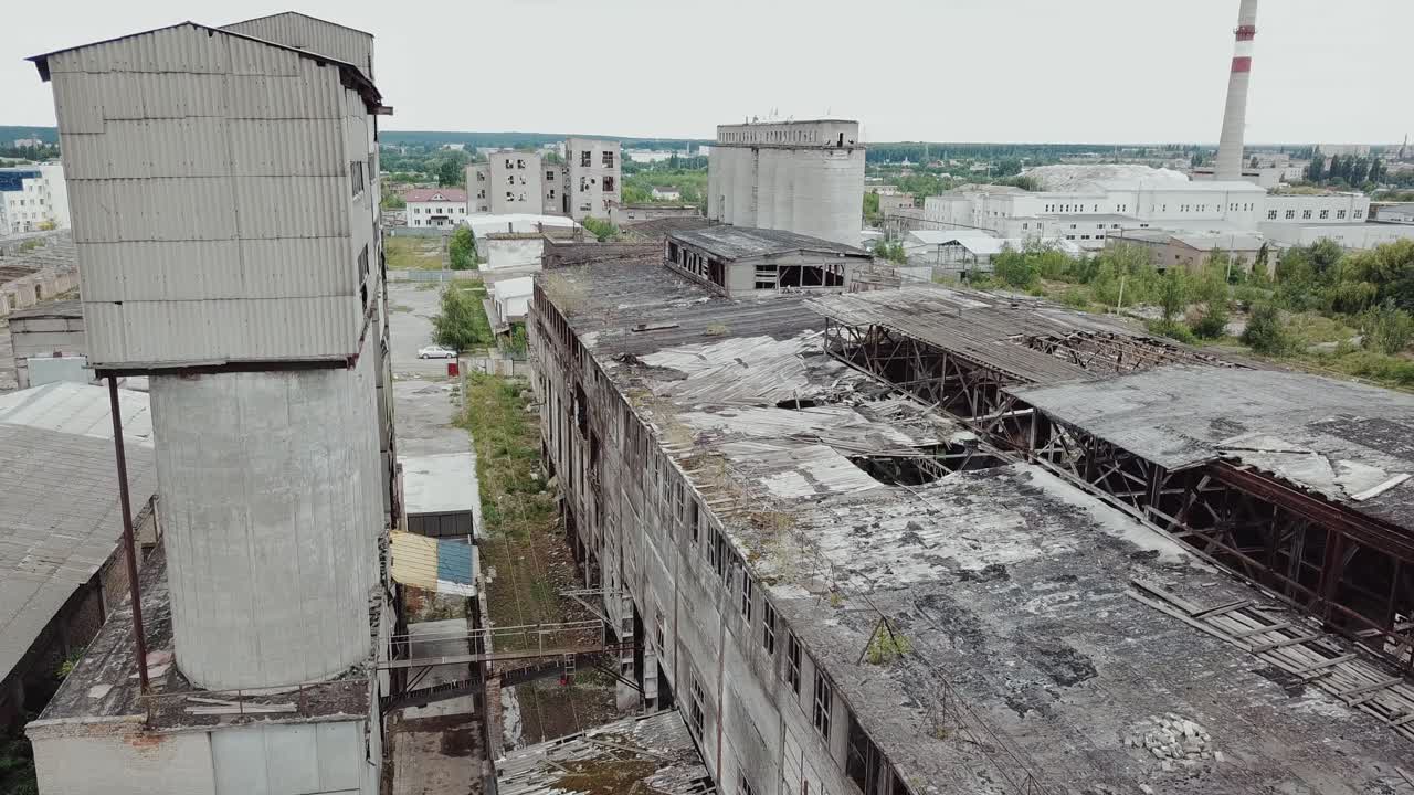 Abandoned ruined industrial factory building, ruins and demolition concept. Aerial view