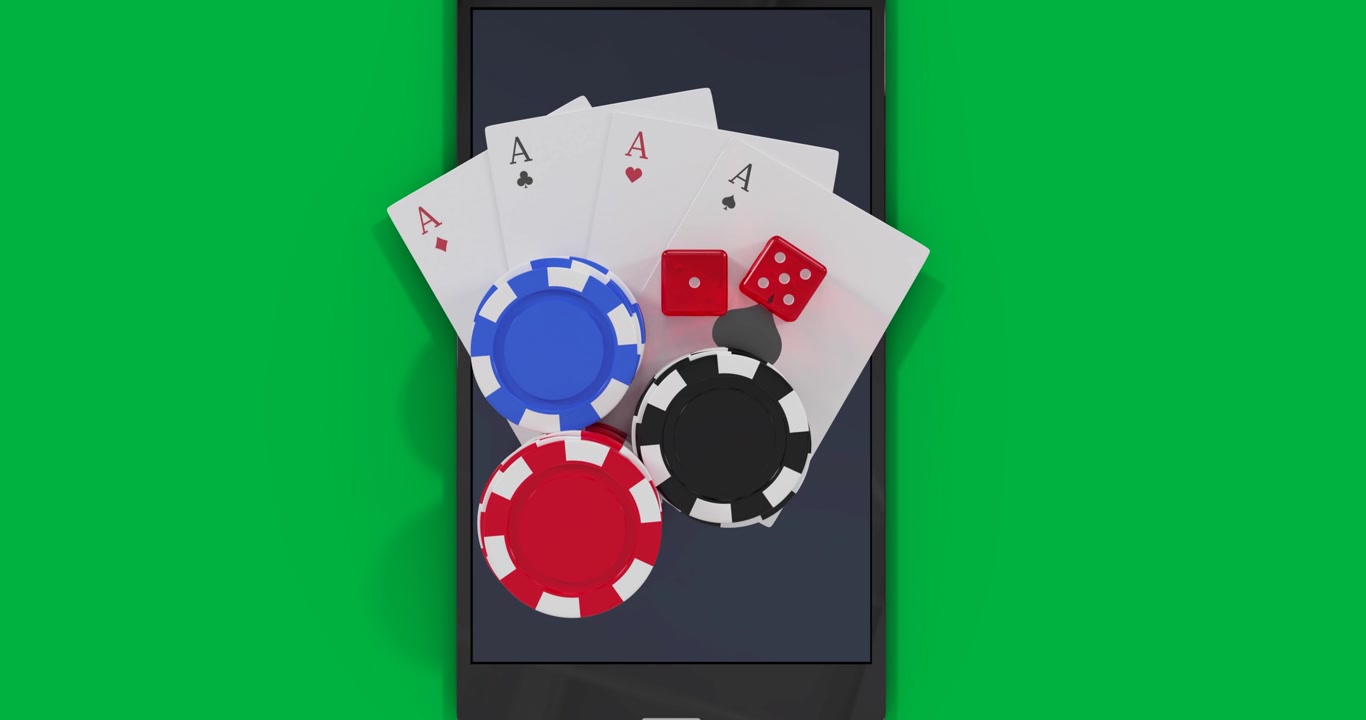 Animazione di fiches da casinò, dadi e carte da gioco su sfondo nero.