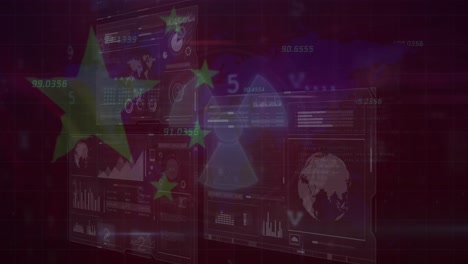 animación del símbolo radiactivo sobre el procesamiento de datos de seguridad cibernética contra la bandera china.