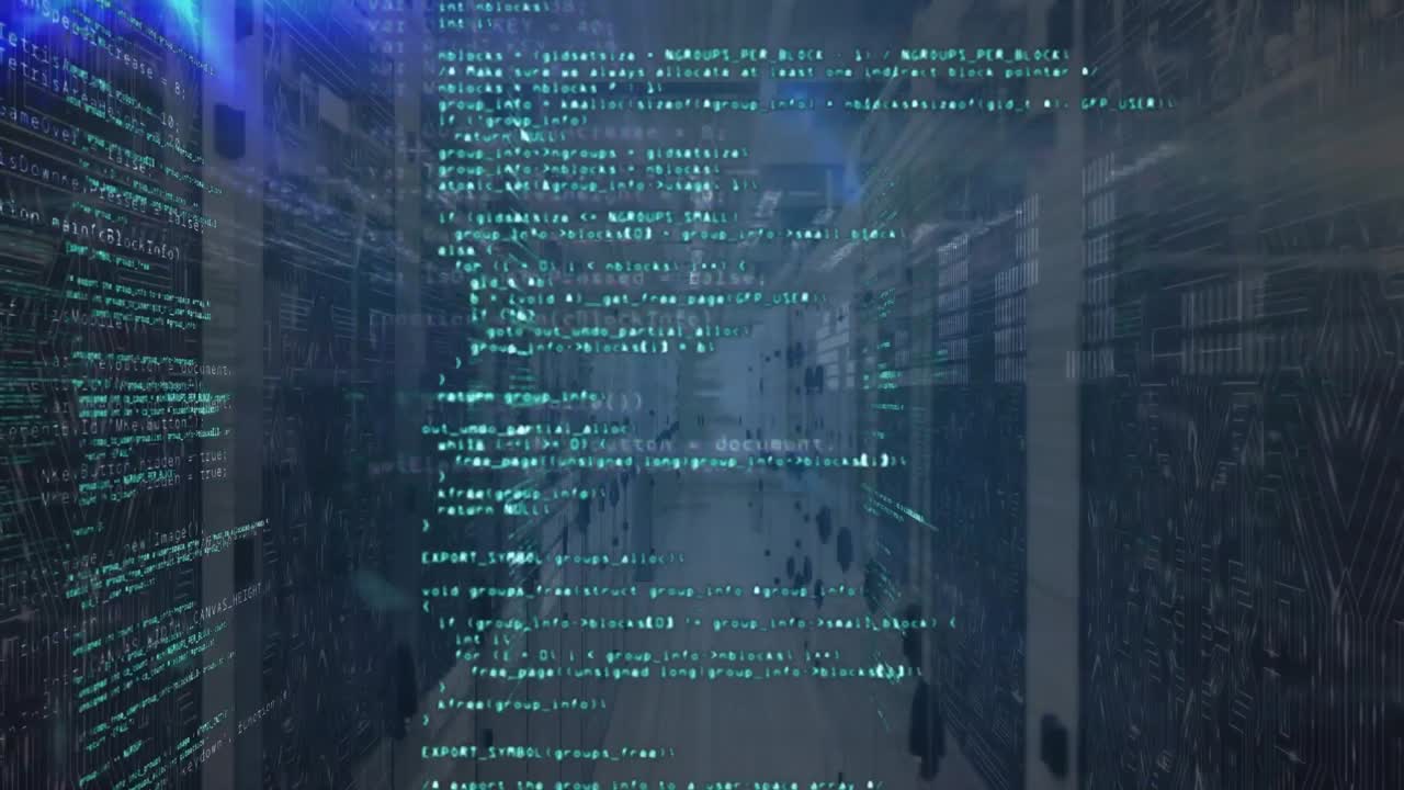 Animation of data processing, blue light spots and microprocessor connections against server room