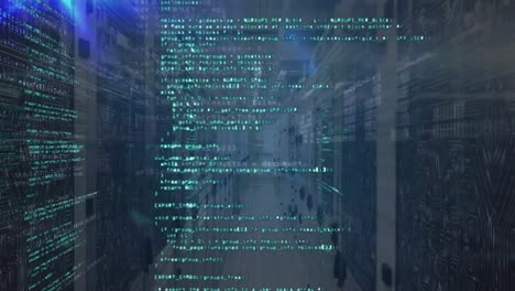 animación del procesamiento de datos, puntos de luz azul y conexiones de microprocesadores contra la sala de servidores