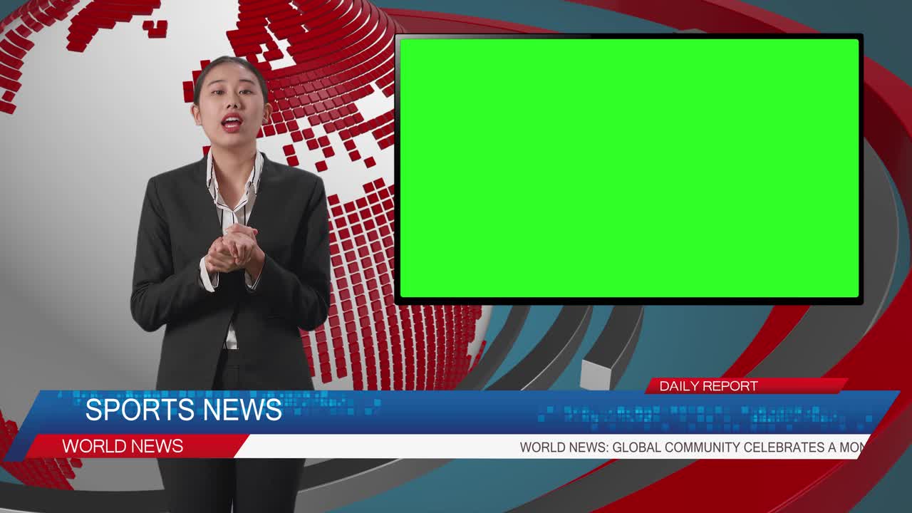Live News Studio With Asian Professional Female Anchor And Green Screen Television Reporting On The Events Of The Day